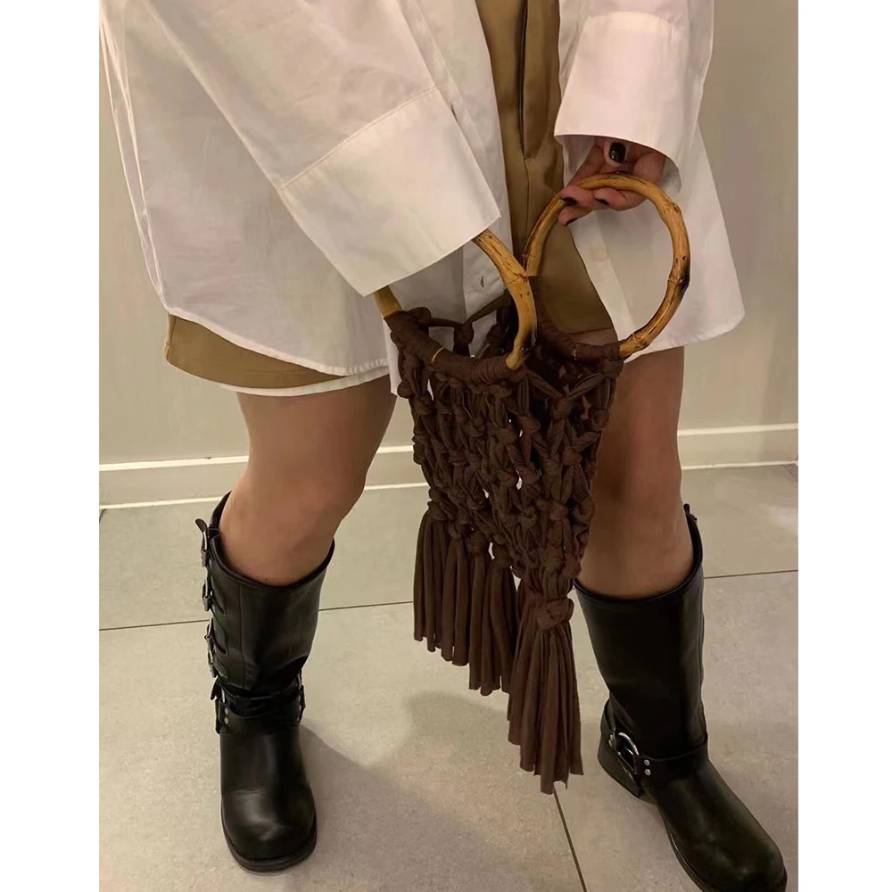 Cotton Knitted Tassel Hollow Bag DIY Hand Woven Bag Circular Handheld Small Bag - Image 6