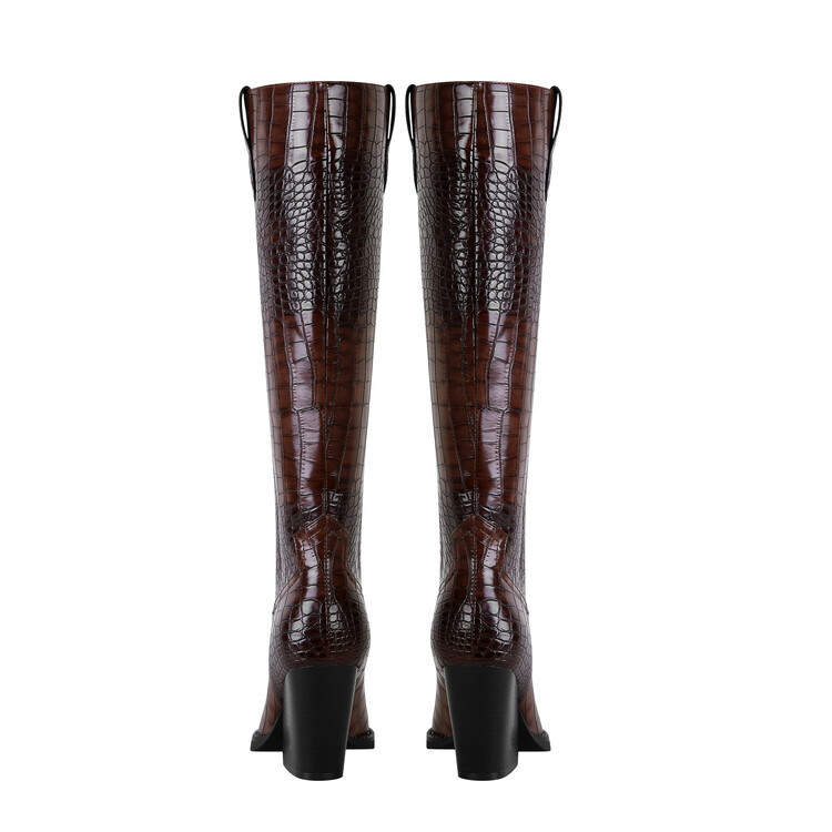 Pump Heel Pointed Toe Plaid Long Boots Women Wine Red Dark Brown Adult Order - Image 4