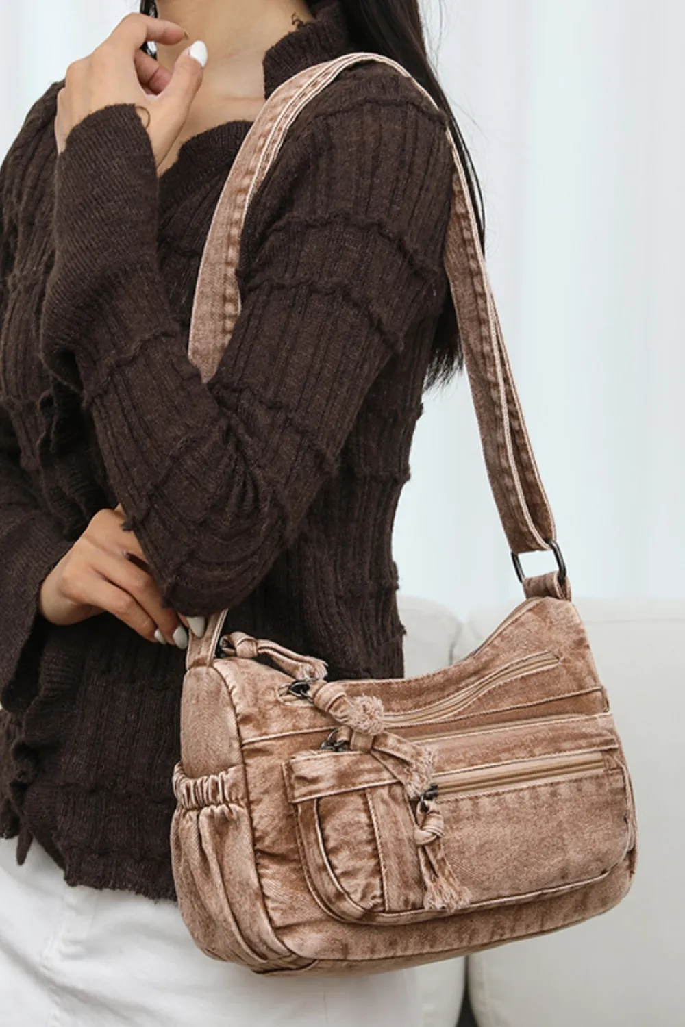 Adjustable Strap Denim Crossbody Bag - Image 11