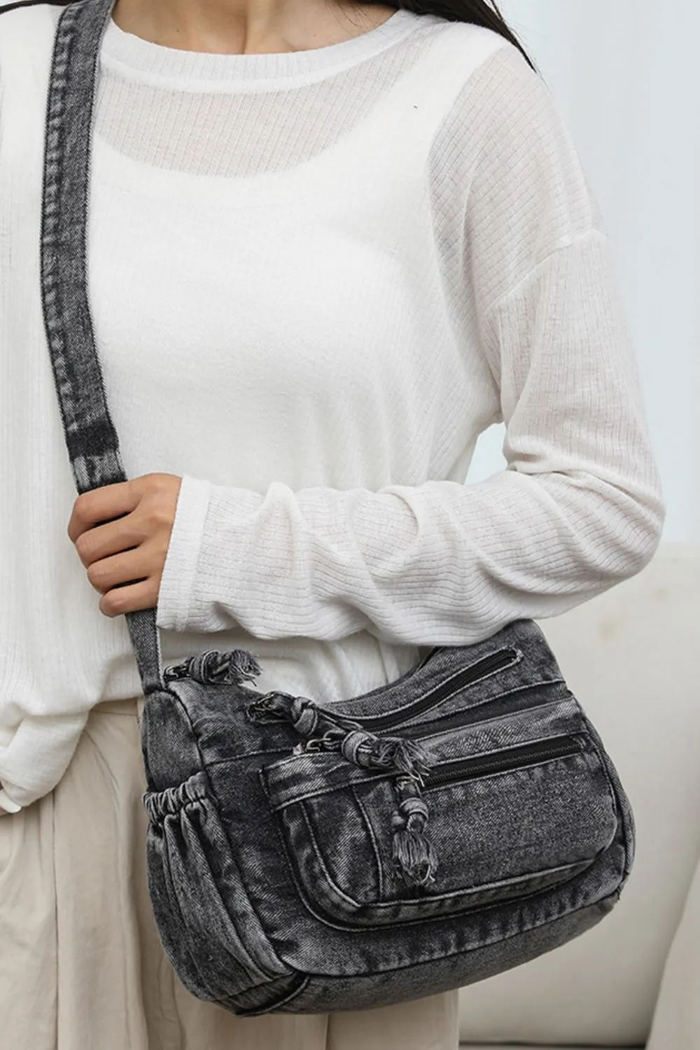 Adjustable Strap Denim Crossbody Bag - Image 9