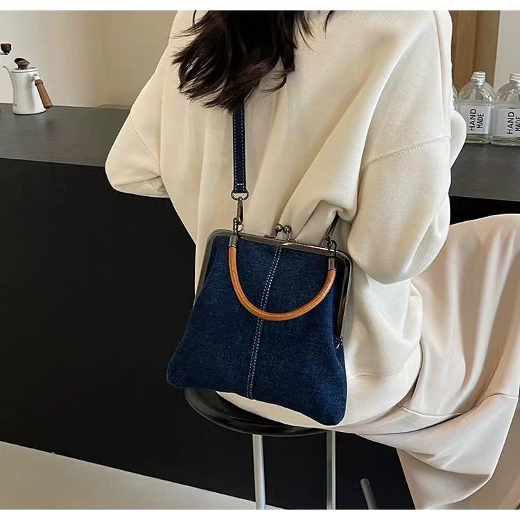 Small handbag women's handbag handmade denim splicing hand-held crossbody bag single shoulder bag small shoulder bag - Image 5