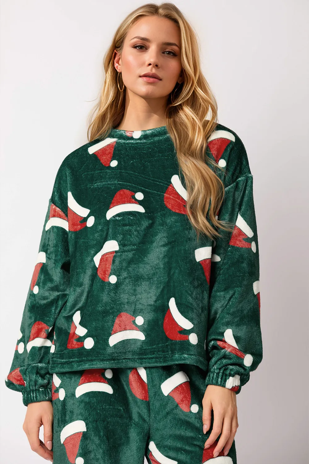 Christmas Hat Pattern Round Neck Long Sleeve Top and Pants Set - Image 4