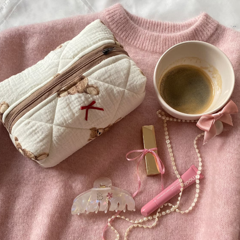 Cute Teddy Bear Makeup Bag, Portable Makeup and Skincare Storage Bag, Large Capacity Cartoon Printed Toilet Bag - Image 2
