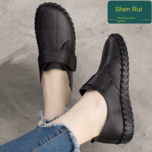 Shenrui Brand Spring and Autumn New Genuine Leather Women's Shoes with Deep Mouth Velcro Stitching Flat Sole Anti-Slip Middle-aged and Elderly Single Shoes