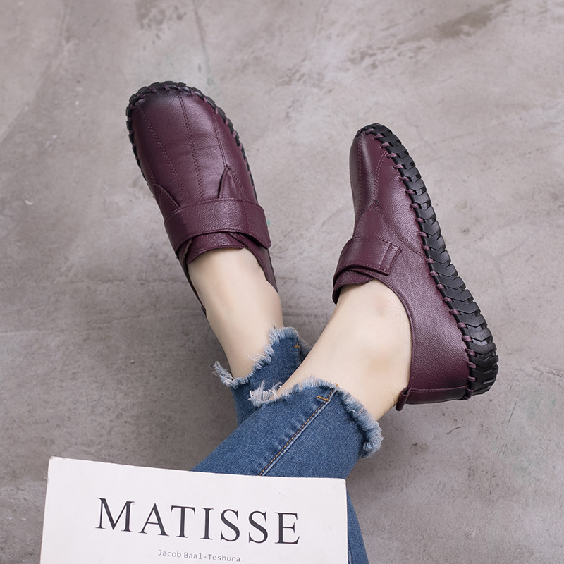Shenrui Brand Spring and Autumn New Genuine Leather Women's Shoes with Deep Mouth Velcro Stitching Flat Sole Anti-Slip Middle-aged and Elderly Single Shoes - Image 2