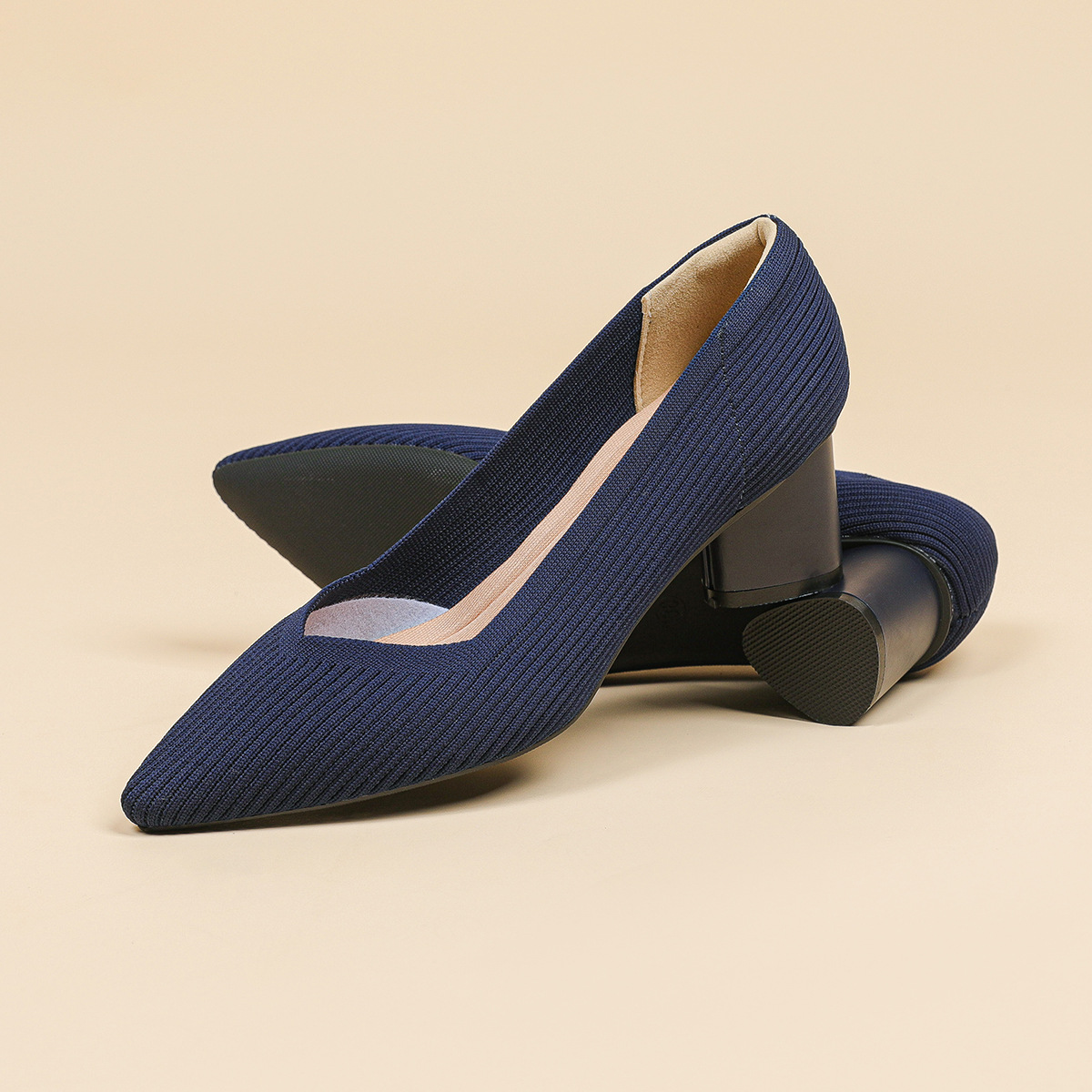 High heels for women thick heel pointed V-neck straight stripe solid color - Image 3