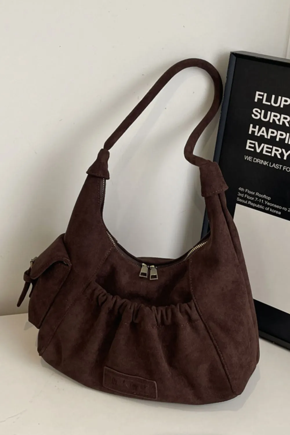 Ruched Suede Handbag with Zipper - Image 9