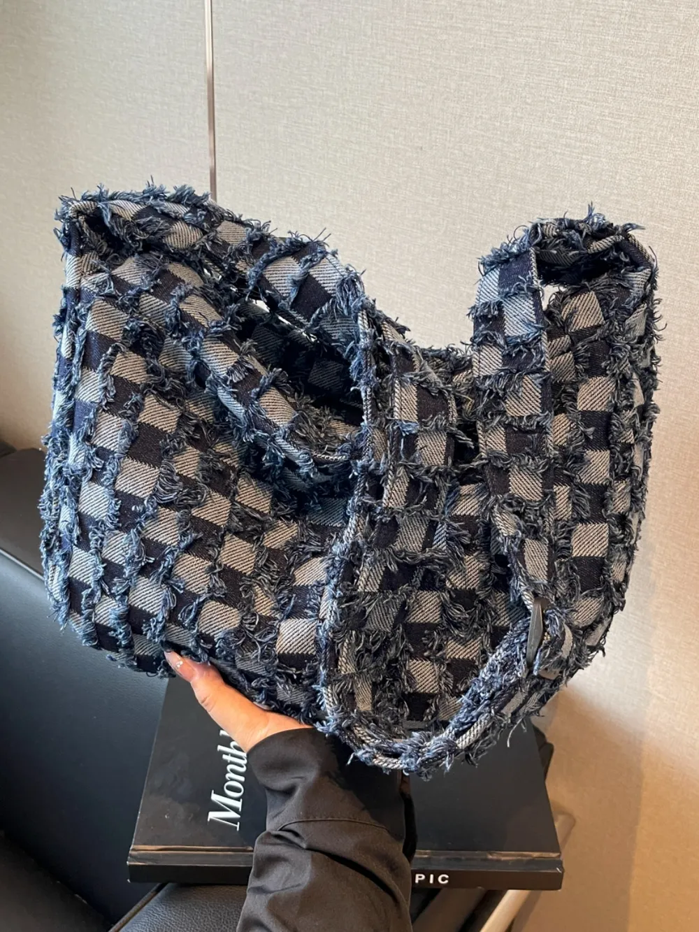 Checkered Raw Edge Denim Shoulder Bag - Image 6