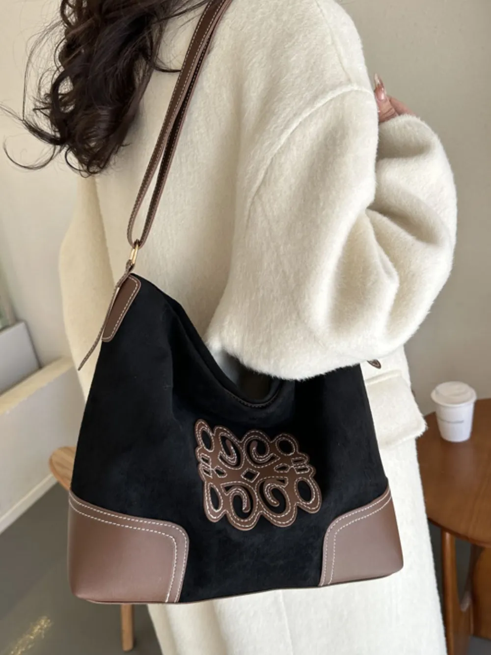 Suede Patch Adjustable Strap Tote Bag - Image 11