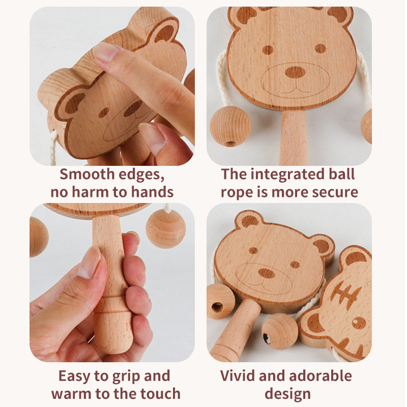 Christmas toy gift: wooden cartoon tambourine, baby toy, newborn baby can chew on the shaking drum, traditional children's early education hand bell - Image 4