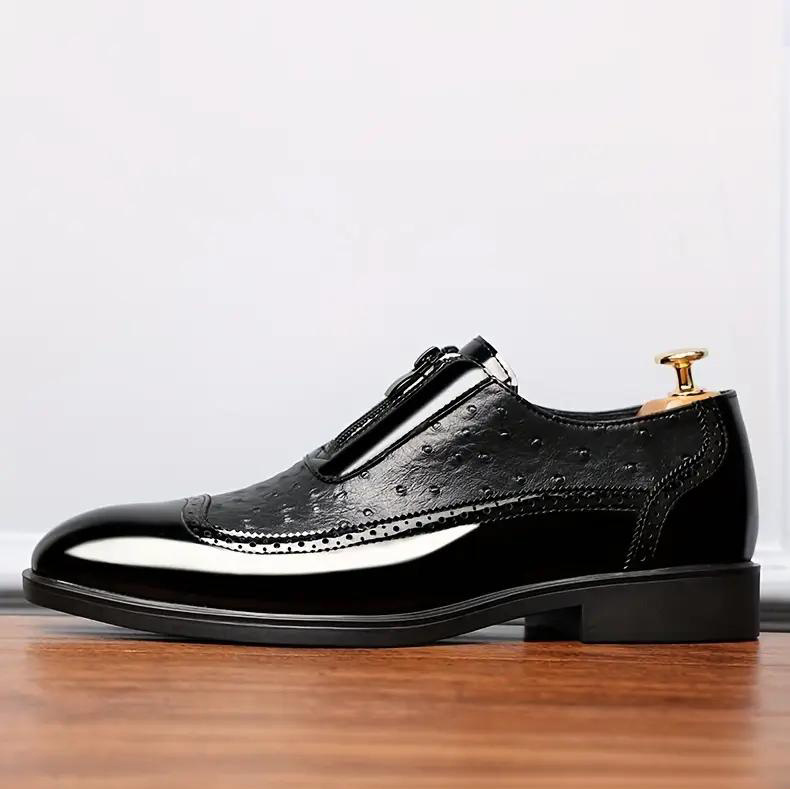 Embossed zipper pointed men's shiny leather Chelsea men's single shoes - Image 6