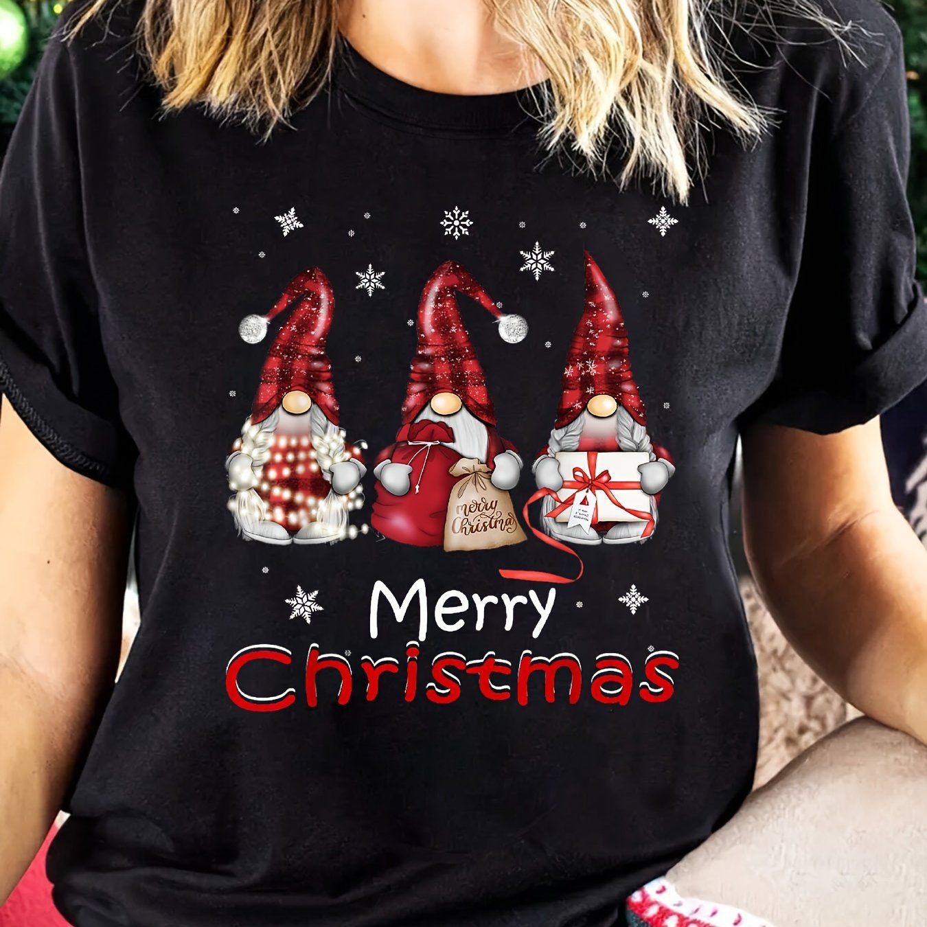 Women's Christmas Gnome Pattern Printed Short Sleeve T-Shirt Round Neck Casual Top Black Red White - Image 6