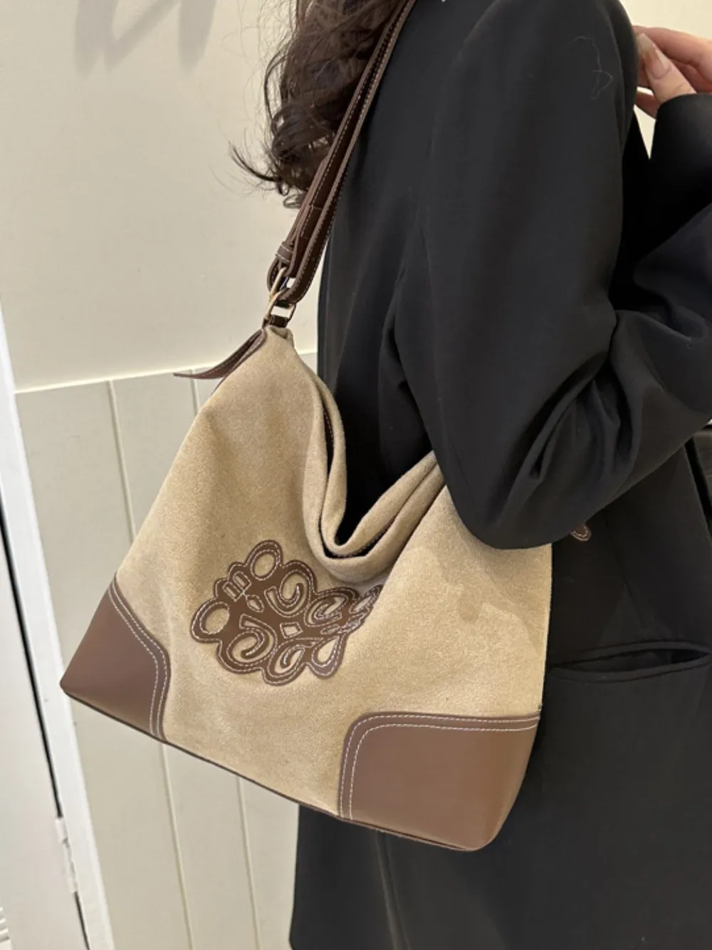 Suede Patch Adjustable Strap Tote Bag - Image 8
