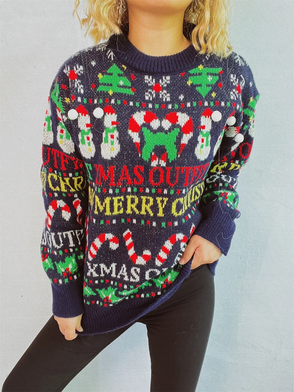 Christmas Pattern Round Neck Long Sleeve Sweater - Image 4