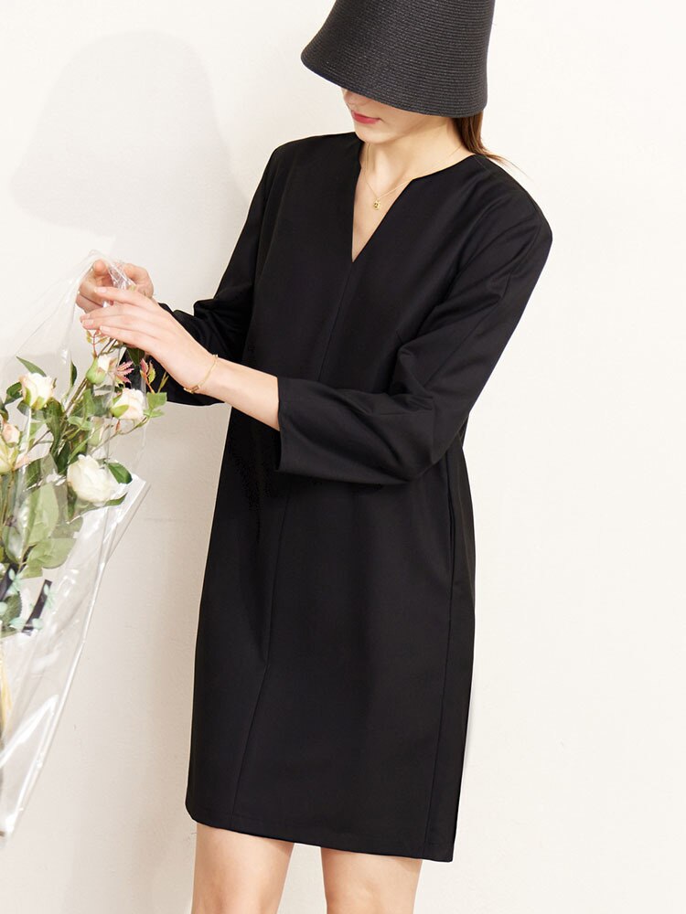 Fashion Women's Dress New V-neck Loose Solid Color Wrist Sleeve Above Knee Dresses Female Temperament Autumn - Image 3