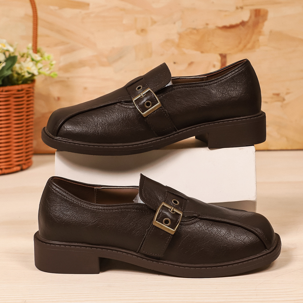 Low Heel Square Heel Loafers Women British Style Slip-On Round Toe Leather Shoes - Image 7