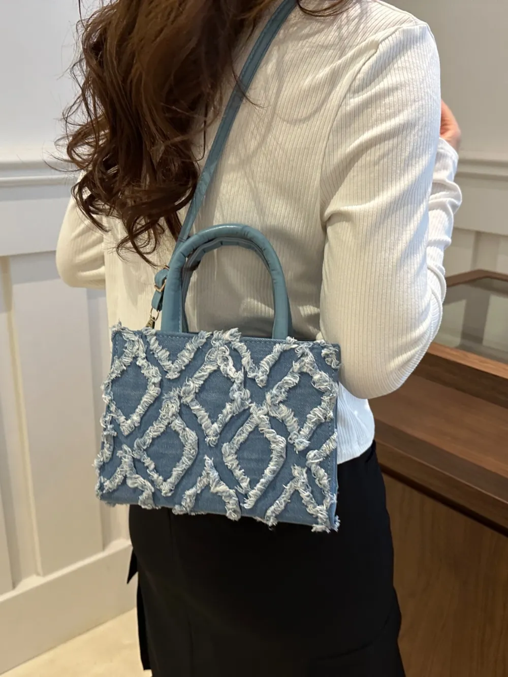 Raw Hem Denim PU Leather Handbag - Image 2