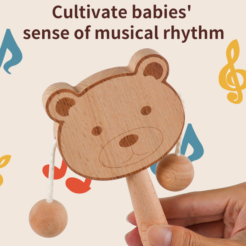 Christmas toy gift: wooden cartoon tambourine, baby toy, newborn baby can chew on the shaking drum, traditional children's early education hand bell - Image 2
