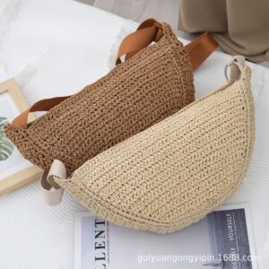 Sports Crossbody Bag Handmade Woven Dumpling Bag Breathable Semicircle Bag Versatile Rattan Bag Summer Beach Bag for Women Luxury