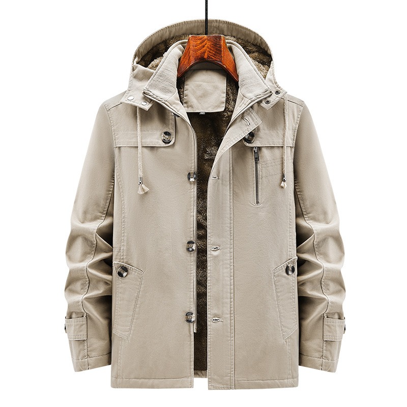 Autumn and winter new velvet windbreaker mid long hooded washed jacket pure cotton plus men's loose jacket - Image 3