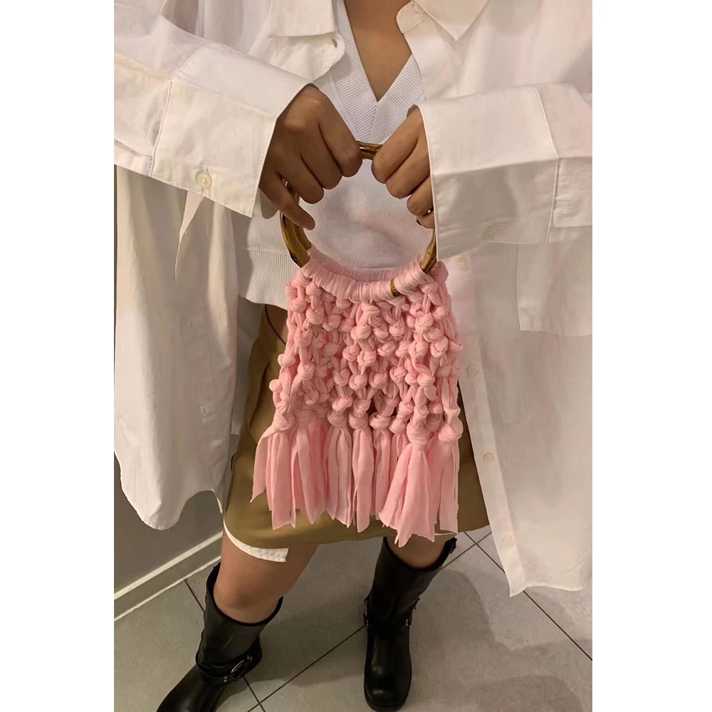 Cotton Knitted Tassel Hollow Bag DIY Hand Woven Bag Circular Handheld Small Bag - Image 4