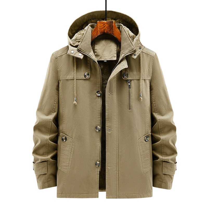 Autumn and winter new velvet windbreaker mid long hooded washed jacket pure cotton plus men's loose jacket - Image 2