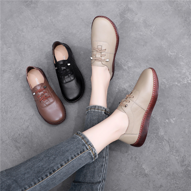 Leather Wide Toe Elastic Ankle Women's Single Shoes Comfortable Casual Flat Heel Soft Sole Thick Sole - Image 3
