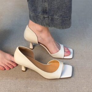 Sexy Toe-Opening Ankle Strap Sandals for Women French Retro Side Hollow Genuine Leather Square Toe High Heels to Match Dresses
