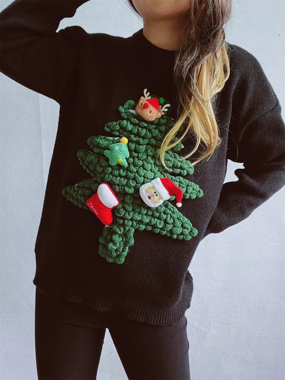 Christmas Tree Round Neck Long Sleeve Sweater - Image 7