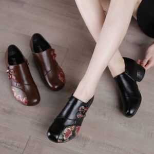 Ethnic Style Deep Mouth Single Shoe Women's Leather Shoes with Thick Heel Mid-Heel Mother Shoes Dance Shoes