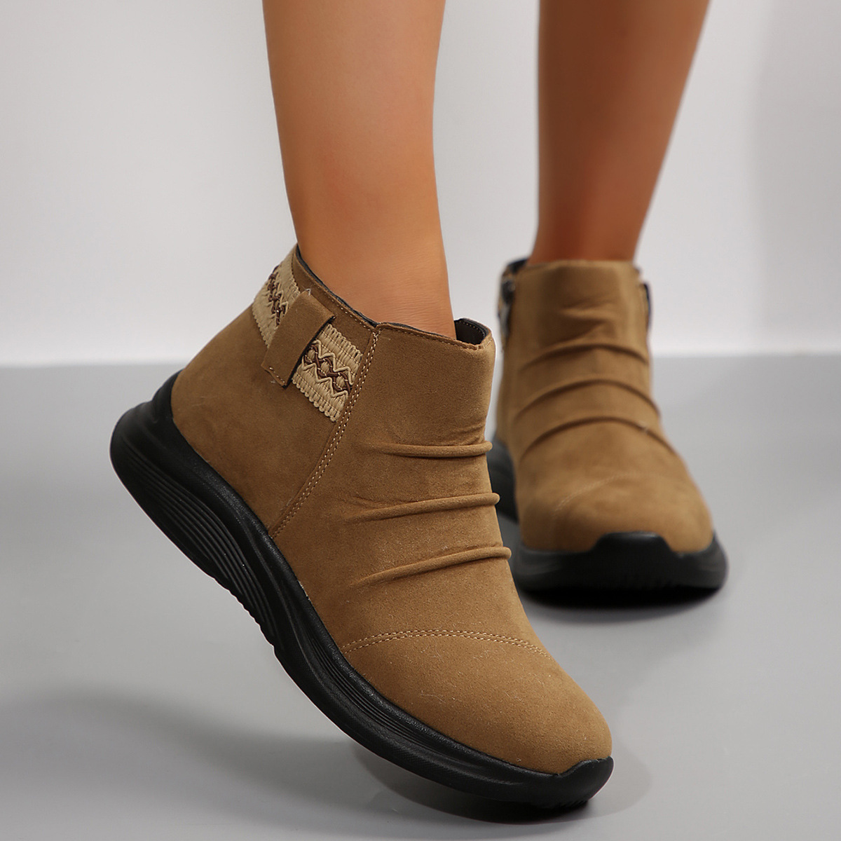 Cross-border Plus Size Pleated Side Zip Short Boots for Women Thick Sole Round Toe Suede Export Martin Boots - Image 6