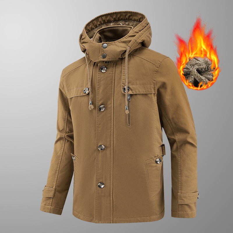 Autumn and winter new velvet windbreaker mid long hooded washed jacket pure cotton plus men's loose jacket - Image 7