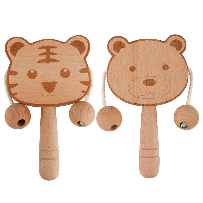Christmas toy gift: wooden cartoon tambourine, baby toy, newborn baby can chew on the shaking drum, traditional children's early education hand bell - Image 5