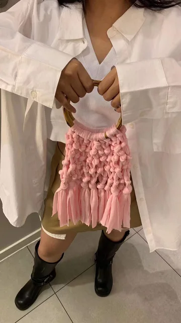 Cotton Knitted Tassel Hollow Bag DIY Hand Woven Bag Circular Handheld Small Bag - Image 13