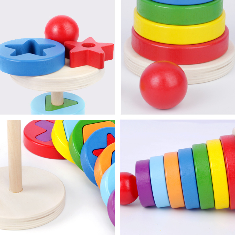 Wooden geometric circular stacking building blocks children's early education puzzle rainbow tower assembly Christmas toy gift - Image 2