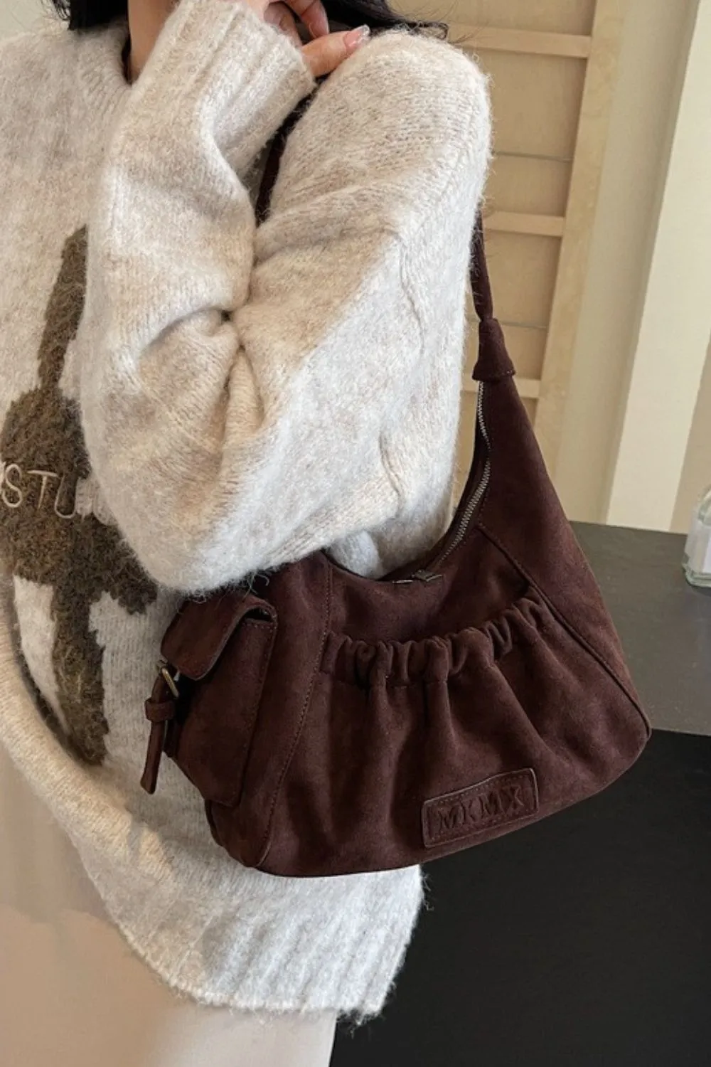 Ruched Suede Handbag with Zipper - Image 11