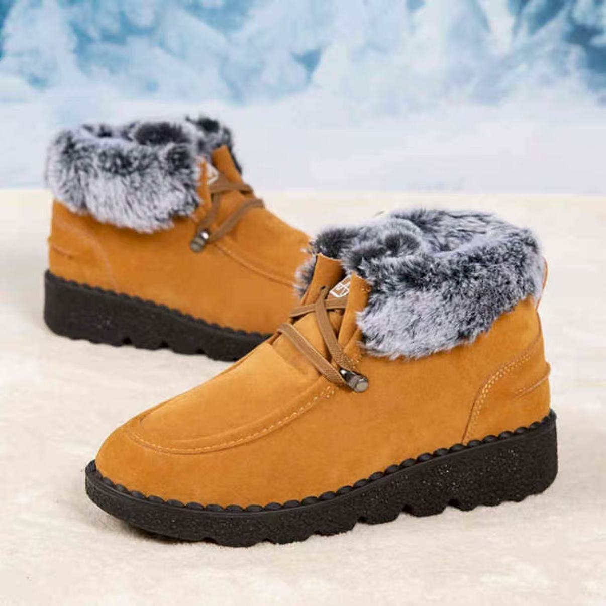 Flat bottomed snow boots for women with thick lace up fleece short boots - Image 3