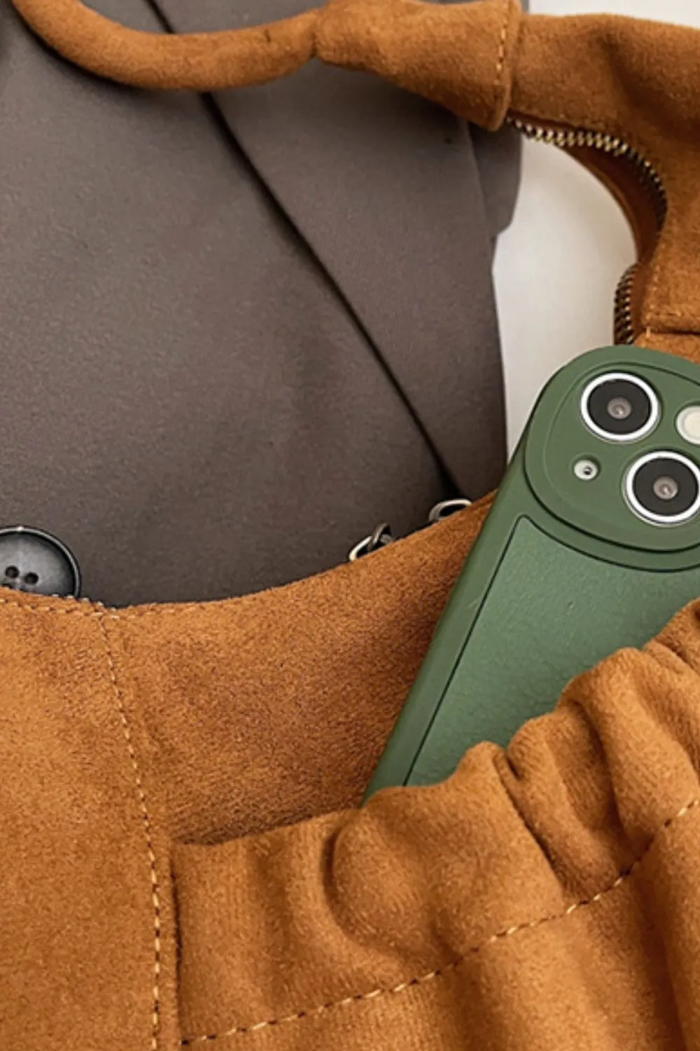 Ruched Suede Handbag with Zipper - Image 3