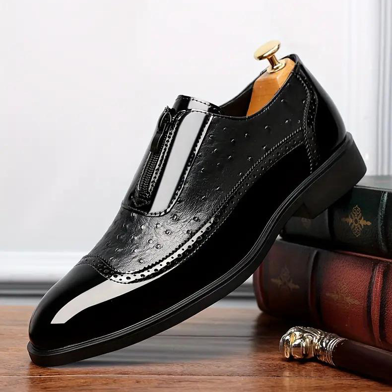Embossed zipper pointed men's shiny leather Chelsea men's single shoes - Image 4