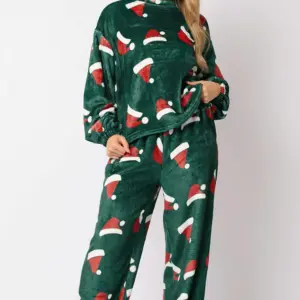 Christmas Hat Pattern Round Neck Long Sleeve Top and Pants Set