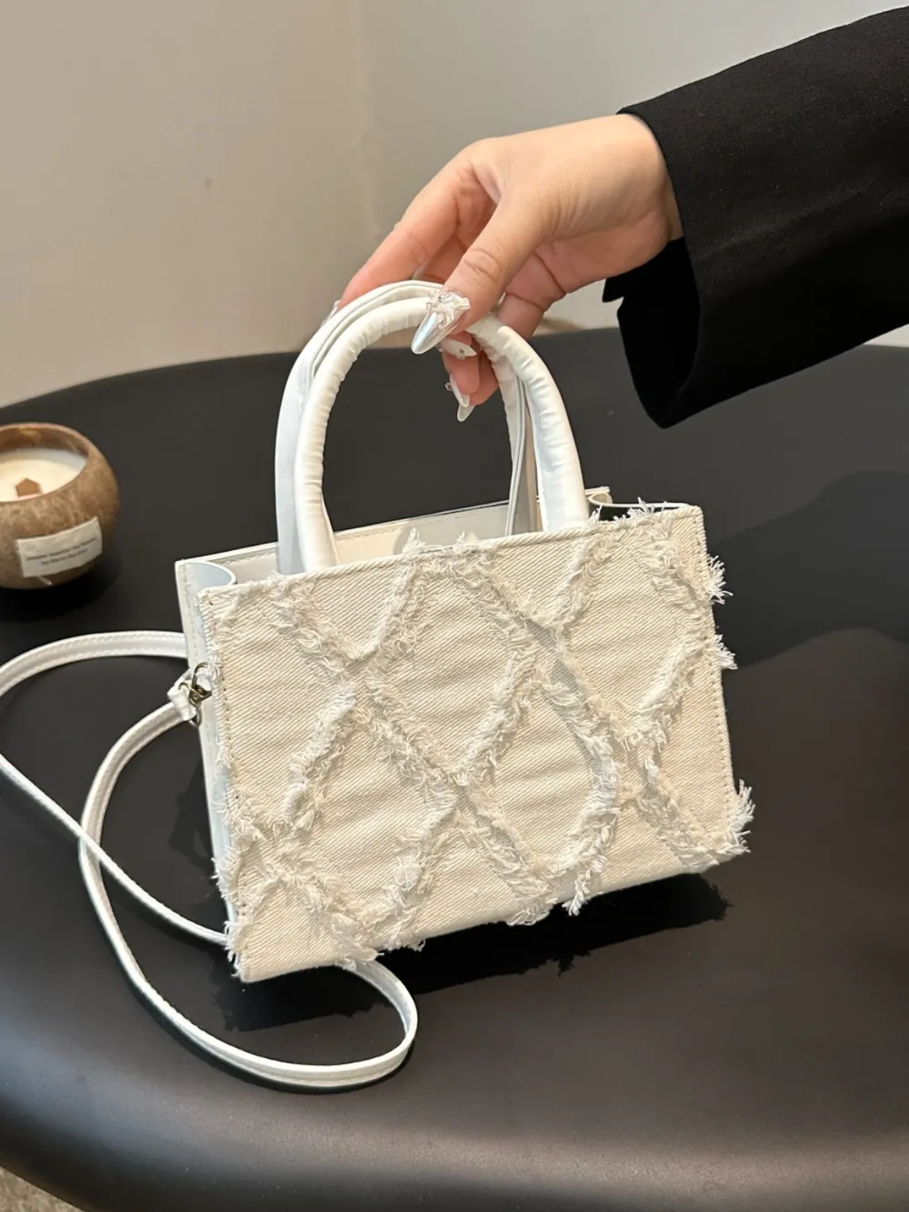 Raw Hem Denim PU Leather Handbag - Image 5