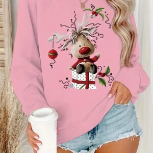 Long Sleeve Christmas Reindeer Graphic Crew Neck Sweatshirt