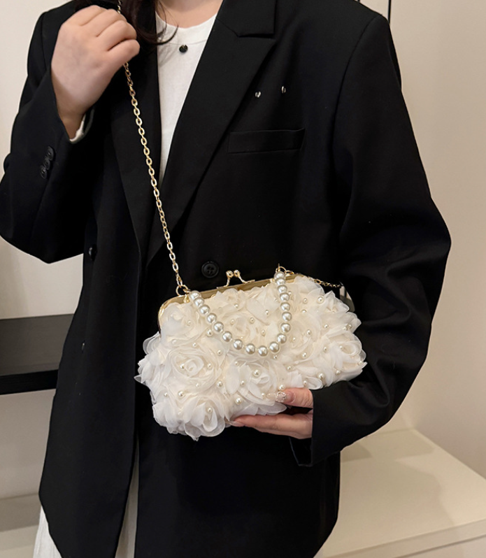 Net Lace Pleated Clutch Evening Handbag Korean Sweet Style Pearl Chain Crossbody Bag - Image 2