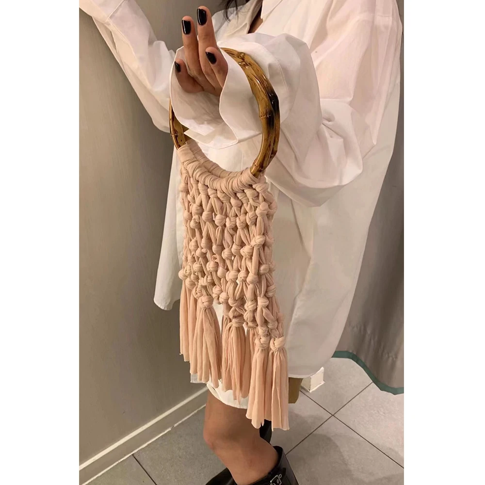 Cotton Knitted Tassel Hollow Bag DIY Hand Woven Bag Circular Handheld Small Bag - Image 2