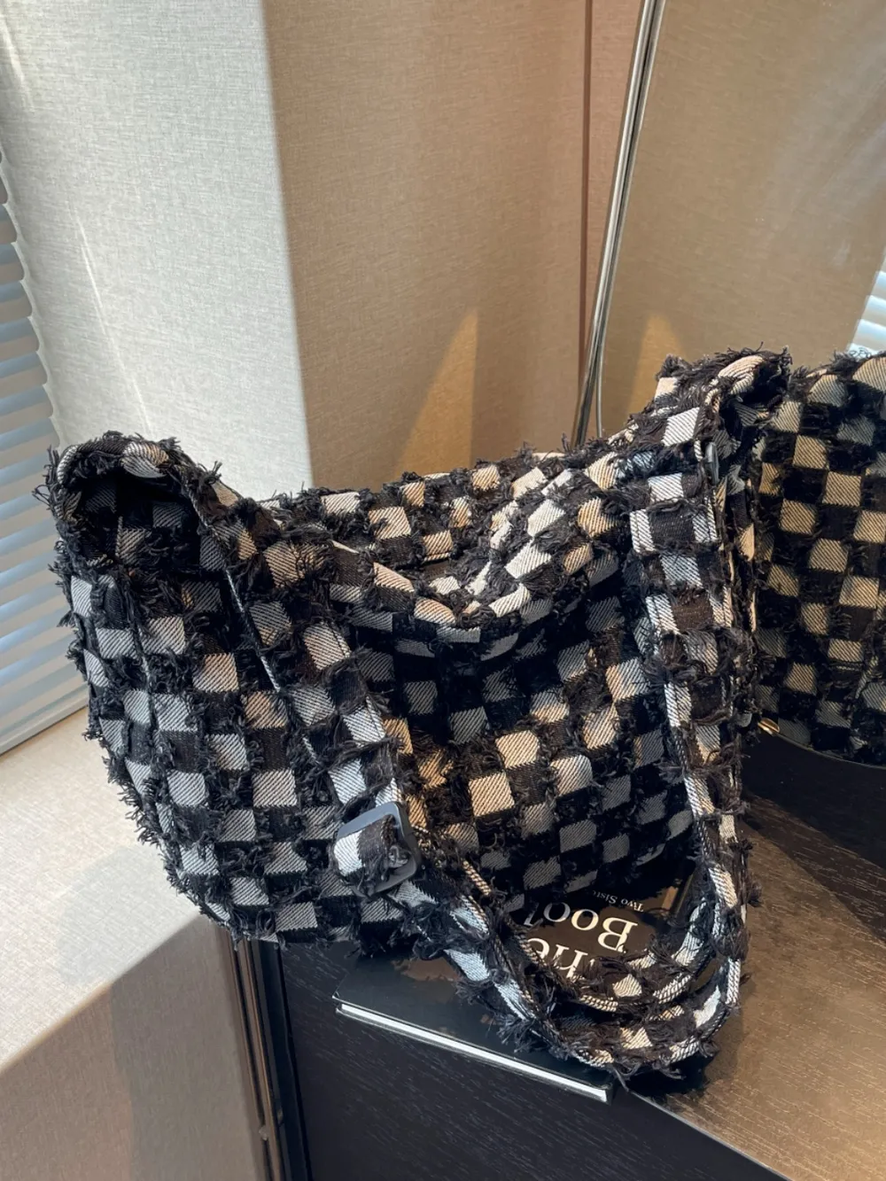 Checkered Raw Edge Denim Shoulder Bag - Image 7