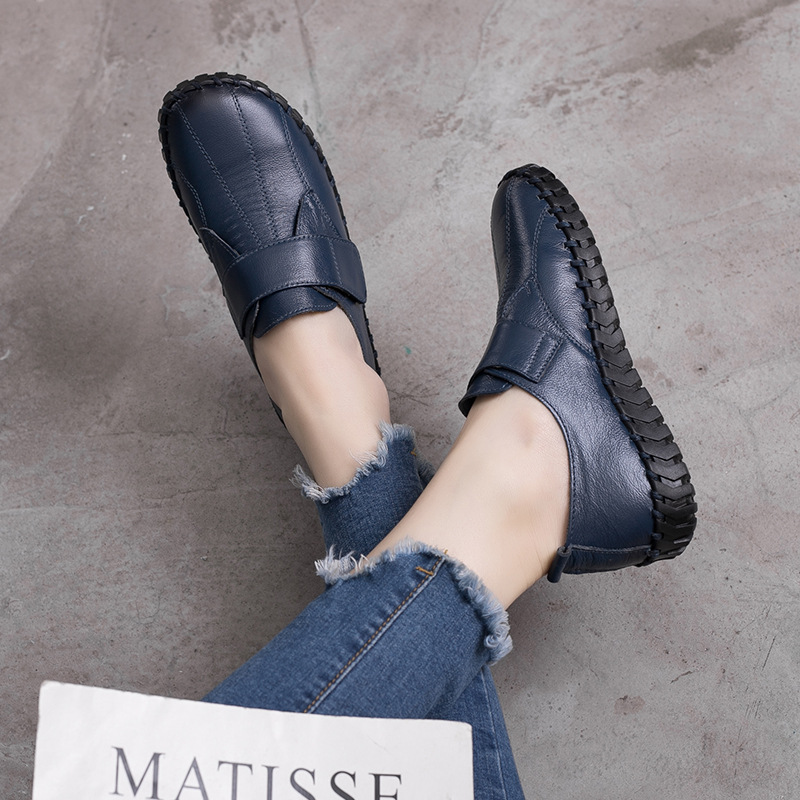 Shenrui Brand Spring and Autumn New Genuine Leather Women's Shoes with Deep Mouth Velcro Stitching Flat Sole Anti-Slip Middle-aged and Elderly Single Shoes - Image 3