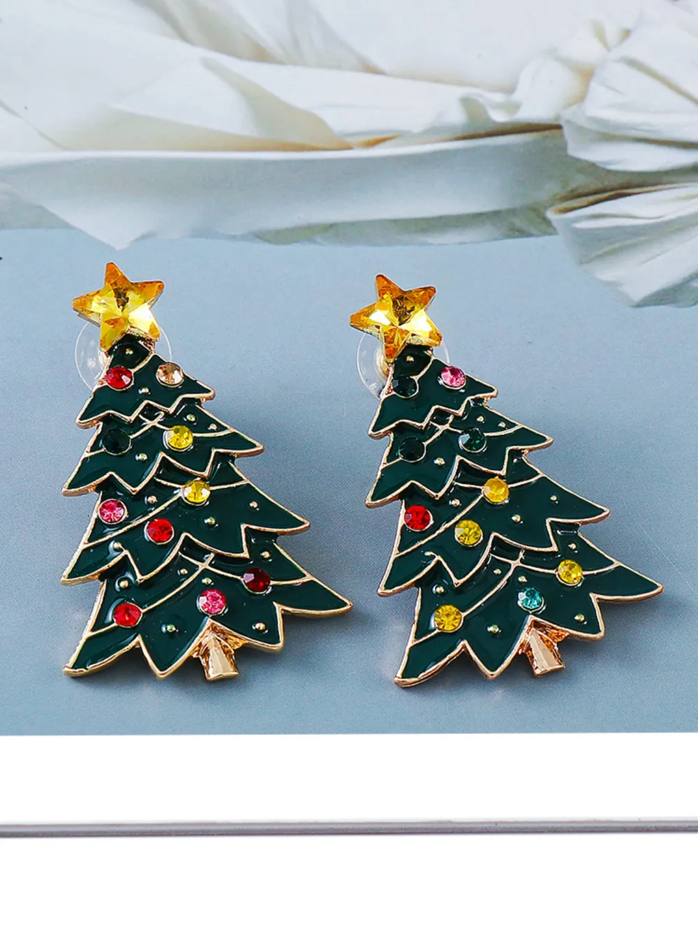 Alloy Inlaid Rhinestone Christmas Tree Earrings - Image 2