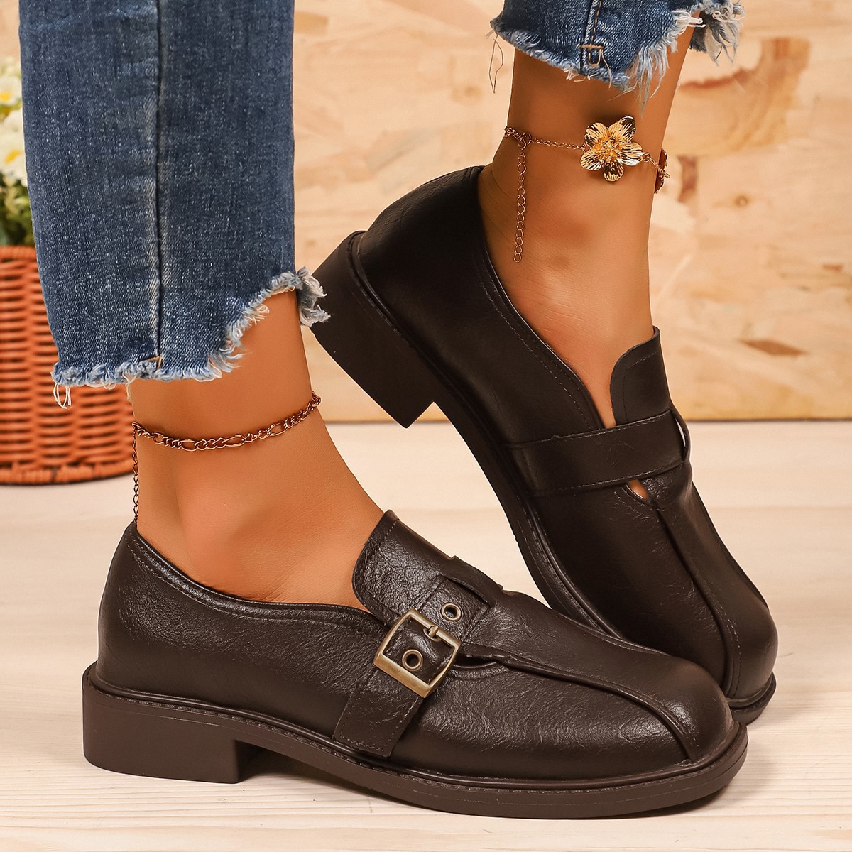Low Heel Square Heel Loafers Women British Style Slip-On Round Toe Leather Shoes - Image 2