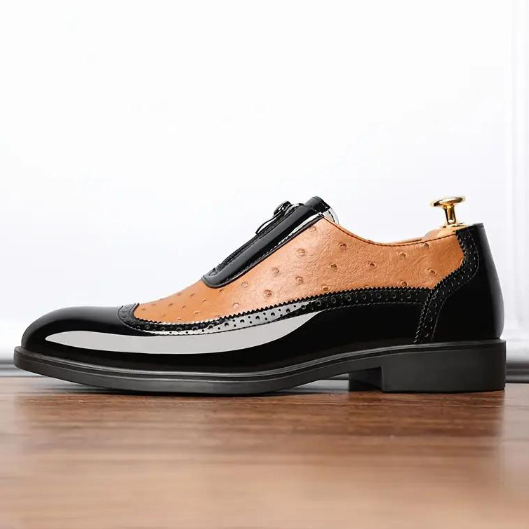 Embossed zipper pointed men's shiny leather Chelsea men's single shoes - Image 8