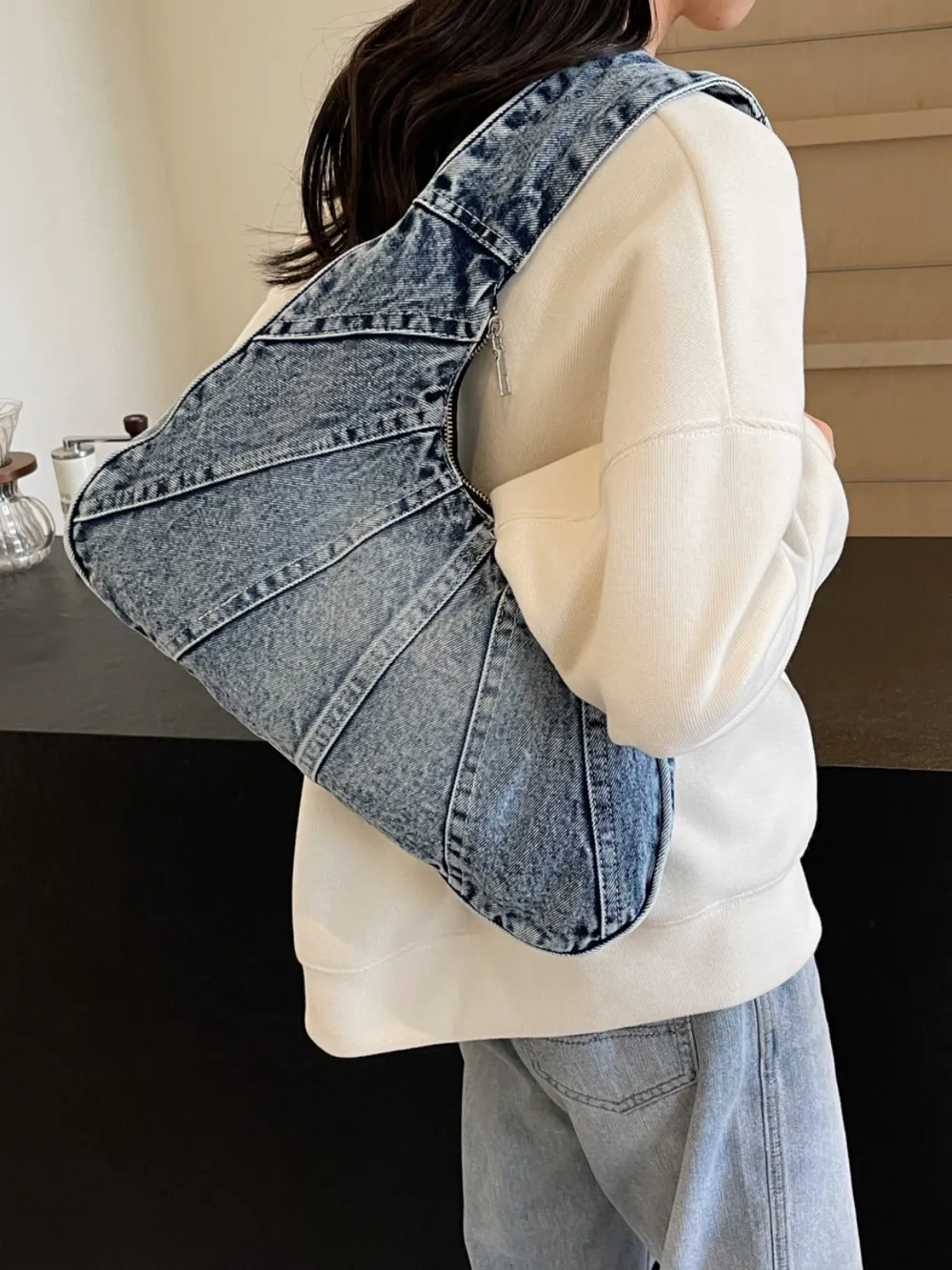 Crescent Shaped Denim Shoulder Bag - Image 2